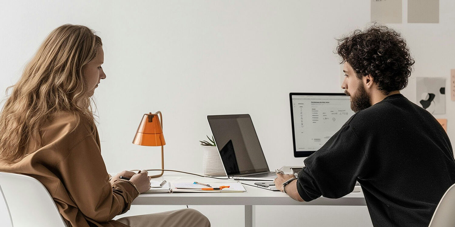 A person working on a laptop with creative graphics overlayed.